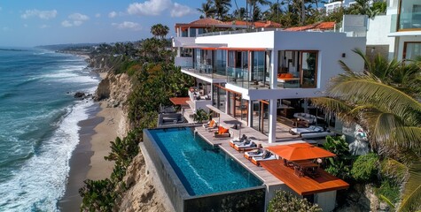 A stock image featuring a large and modern villa perched atop a hill, viewed from high above