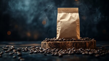 Coffee bag sits atop wood, surrounded by roasted beans, smoky backdrop