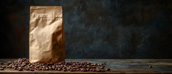 Coffee bag with roasted beans on aged wood against a dark background