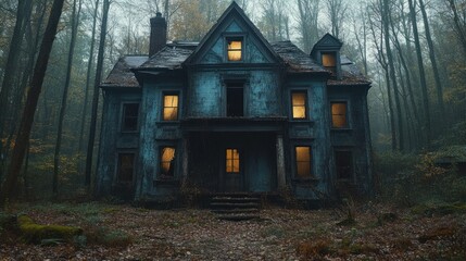 Creepy, abandoned house in a foggy forest at night, with glowing windows.