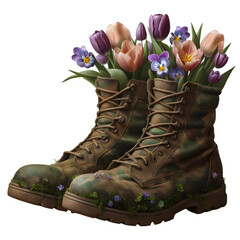 A pair of worn military boots, Memorial Day, isolated on transparent background