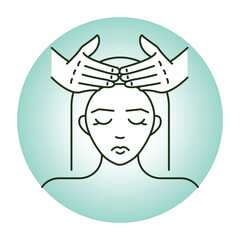 Vector icon for head massage and stress relief. Shows hands massaging a person’s head, symbolizing tension relief and relaxation.