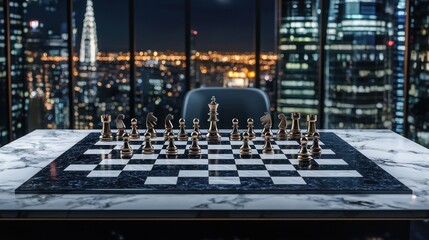 Obraz premium Strategic Chess Game in a Penthouse overlooking a dazzling Cityscape