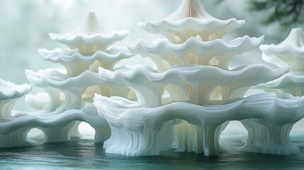 Abstract white structures resembling pagodas on calm water, misty background.