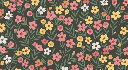 Floral Pattern with Pink Yellow and White Flowers on Dark Background
