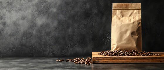 Coffee bean bag and roasted beans on wood against a textured, dark background