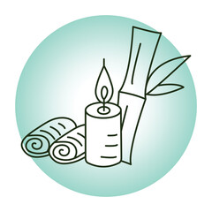 Vector icon for spa essentials and tranquility. Includes spa elements like candles, bamboo, and rolled towels for relaxation and rejuvenation.