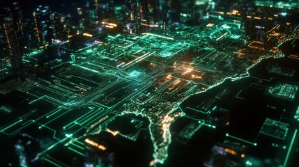USA digital map, glowing circuits, city lights, network, tech concept