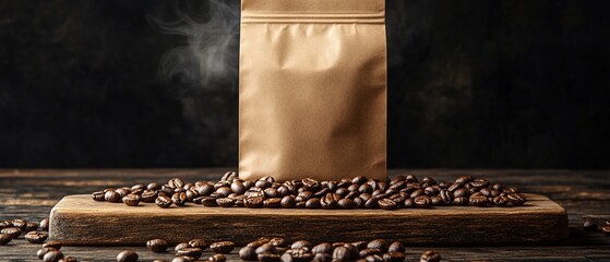 Coffee beans and bag, steam rising, atop wooden surface. Dark backdrop