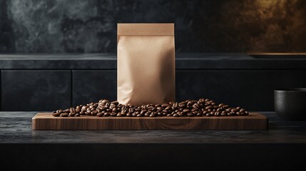 Coffee beans and blank brown bag on wooden board against dark background
