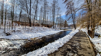 Bicycle path in the winter, the way from Chrastava to the B&iacute;l&yacute; Kostel nad Nisou, Liberec region, Czech Republic