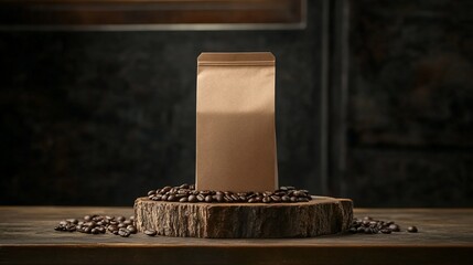 Coffee beans and brown bag sit atop wooden stand with dark background