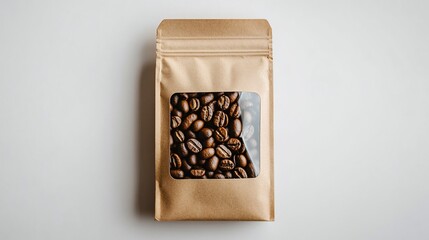 Coffee beans in a tan bag with a clear window, centered on white