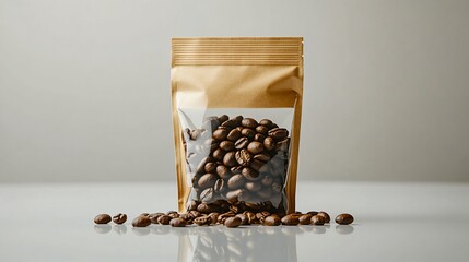 Coffee beans in a transparent bag on bright surface with scattered beans