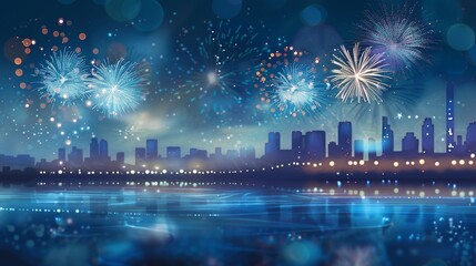 Cityscape Fireworks Night Celebration River Reflection