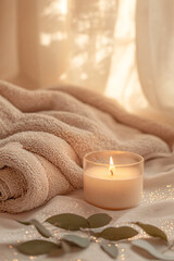 A cozy scene with glowing candle isolated on beige gold background with copy space