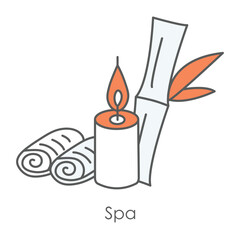 Vector icon for spa essentials and tranquility. Includes spa elements like candles, bamboo, and rolled towels for relaxation and rejuvenation.