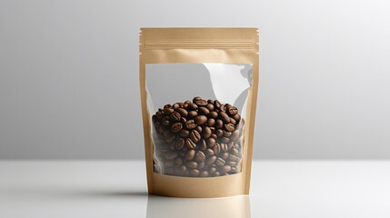 Coffee beans inside a kraft bag with a clear window. Product packaging