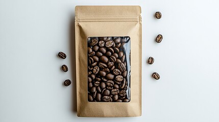 Coffee beans in kraft paper pouch with a window, scattered on a white surface