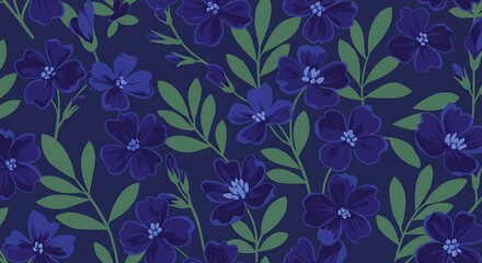 Dark Blue Floral Pattern with Green Leaves for Background and Design