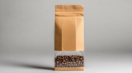 Coffee beans inside kraft paper bag with see-through window. Studio shot
