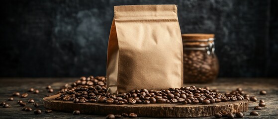 Coffee beans on wooden board with a bag of coffee and jar in background