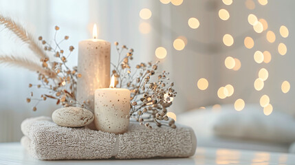 Towel, glowing candles, and bokeh background. Wellness and fitness theme web banner