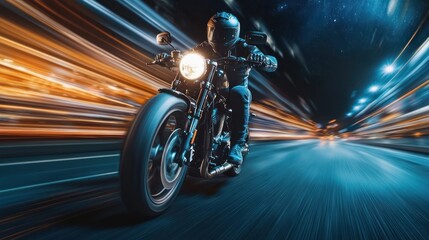 Obraz premium Night Rider, City Street, Speed, Lights, Motorcycle, Motion Blur, Adventure, Urban, Transportation, Wallpaper