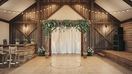 Rustic barn wedding venue wooden decor floral arch dance floor