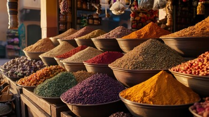 Moroccan market spices, sunlit display, bustling background, food industry