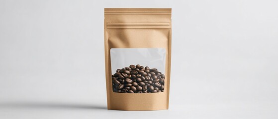 Coffee beans visible through window on a tan standing pouch against white