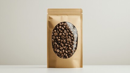 Coffee beans visible inside a standing brown paper bag with an oval window