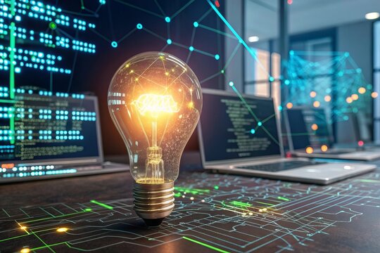 Breakthrough algorithms illuminate innovative ideas in a modern workspace with glowing light bulb and advanced technology