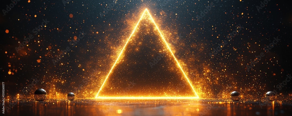 Poster golden illuminated triangle on a reflective surface with glowing particles