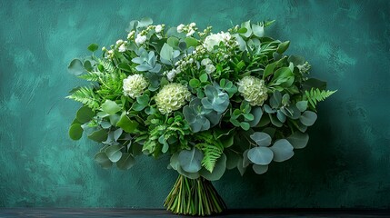 Elegant white and green floral bouquet on teal backdrop