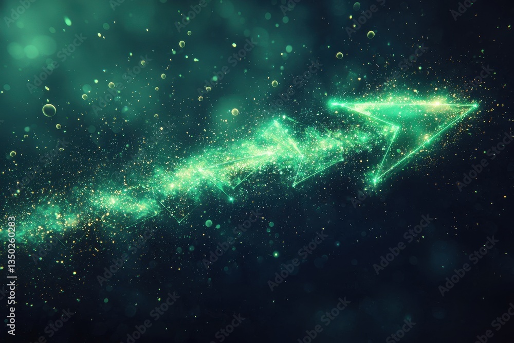 Poster glowing green arrow with a sparkly particle trail in motion