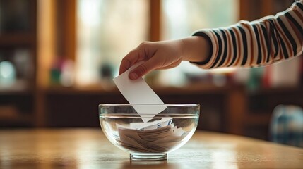 A child’s hand reaching into a glass bowl to randomly pick a paper slip, part of a simple raffle or name ballot draw.
