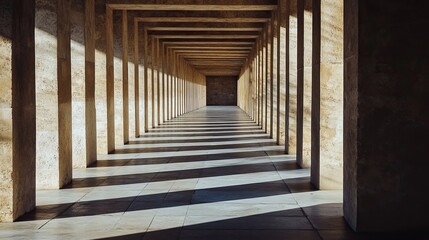 Fototapeta premium Columns of an empty concrete walkway bathed in sunlight, casting striking shadow lines on the stone wall.