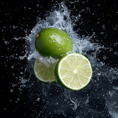 Limes splashing water, dark background, vibrant, juicy, food photography
