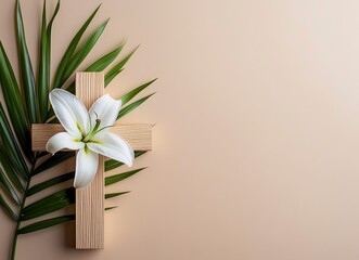 Lily and Cross with Palm Fronds Easter Religious Celebration Background