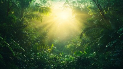 Obraz premium Sunburst Sunlight breaking through green trees in a lush, vibrant rainforest