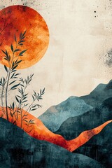 Abstract landscape with vibrant sun and minimal natural elements