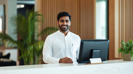 Elegant Indian Hotel Receptionist Welcoming Guests at a Stylish Front Desk A professional Indian hotel receptionist stands at a sleek, contemporary reception desk, warmly greeting