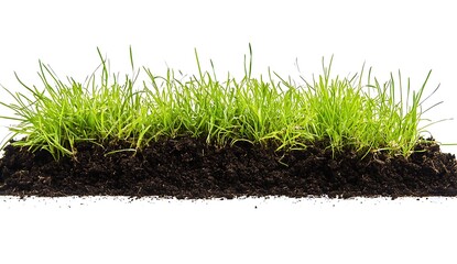 There is soil with green grass growing on top of it