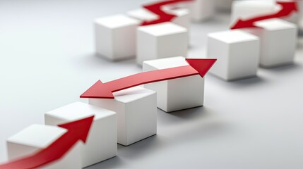 Flexibility and adaptation concept: Arrows on cubes following a flexible, adaptable path, symbolizing change and resilience.