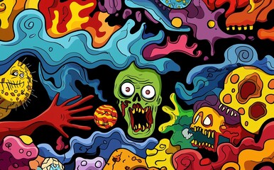 In the midst of a colorful setting, a zombie is consumed by panic