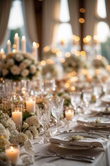 Elegant wedding reception table setting adorned with white flowers and soft candlelight in a luxurious venue at sunset
