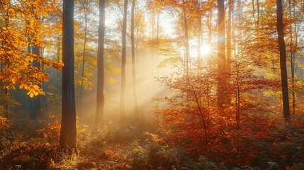 Sunlight shines through trees in autumn forest with orange leaves and misty light