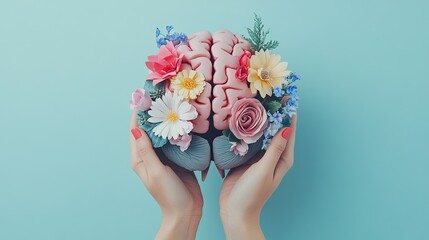 Hands holding a paper head with a human brain made of flowers, symbolizing self-care, mental health, and positive thinking.
