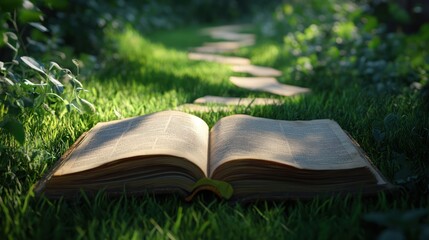 Open book on grassy path, sunlight, forest background, storybook illustration